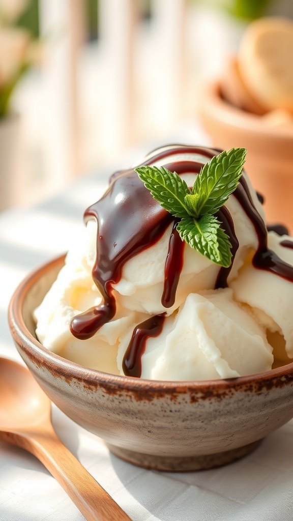 Homemade Vanilla Ice Cream Recipe A bowl of vanilla ice cream with chocolate sauce and mint, set outdoors.